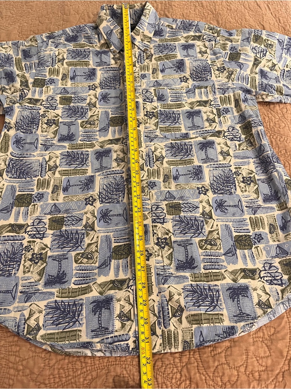 Men's 100% Cotton Short-Sleeve Button-Down Shirt Blue Green Hawaiian Beach - Picture 2 of 5
